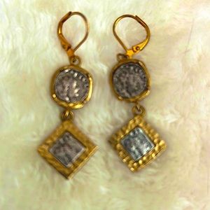 Iconic TAT 2 coin 2 tone gold and silver dangle earrings, never worn!